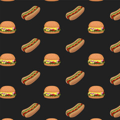Seamless pattern with burger and hot dog on dark background. Suitable for decoration paper