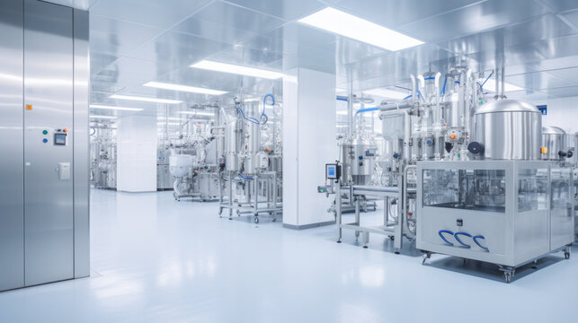 Pharmaceautical clean room, industrial design for large scale chemical production in controlled sterile conditions.