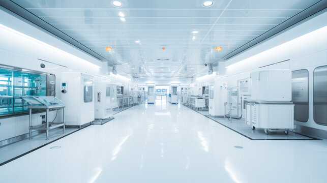 Pharmaceautical clean room, industrial design for large scale chemical production in controlled sterile conditions.