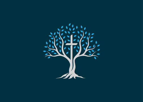 Religious cross logo sign modern vector graphic abstract tree leaf