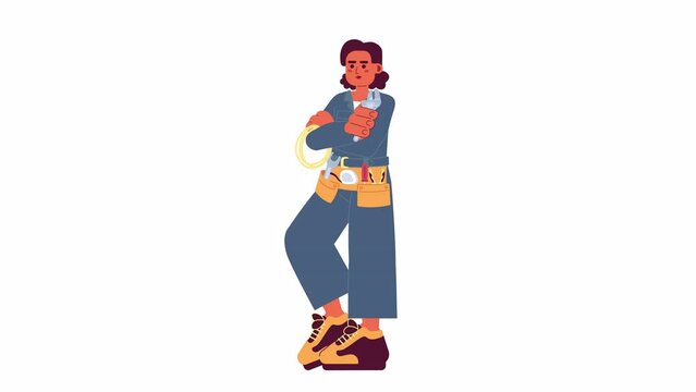 Handywoman holding tools cartoon animation. Auto mechanic woman latinamerican 4K video motion graphic. Latina technician renovator workshop 2D color animated character isolated on white background