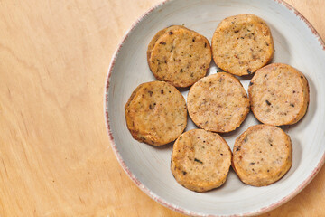 vegetarian culinary delight, top view of plate with delicious vegetable cutlets cooked at home