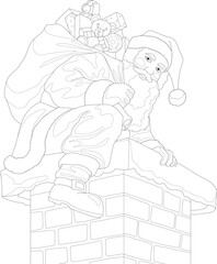Cartoon Santa Claus character with presents climbs into the chimney sketch template. Graphic vector illustration in black and white for games, background, pattern, decor. Coloring paper, page, book