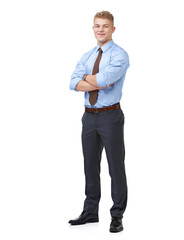 Man, arms crossed and smile for portrait, employee and professional on white background. Confident, young and workplace for career, financial clerk and businessman for startup, job and corporate
