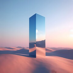 a mirror monolith standing in the desert, light blue and pink sky, surreal, digital art, photorealistic