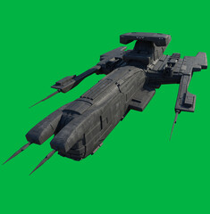 Spaceship Command Vessel on Green Screen Background - Front View, 3d digitally rendered science fiction illustration