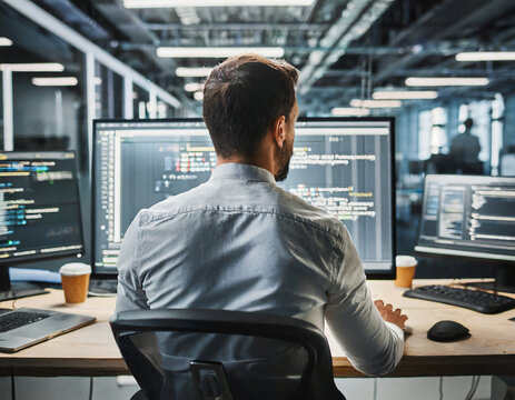 Back View Of A Male IT Professional At A Computer, Navigating Lines Of Code, Surrounded By Monitors And Tech Equipment In A Modern Office.