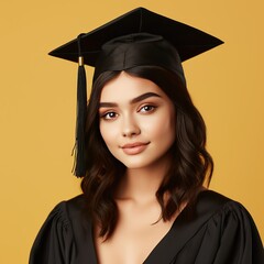 Portrait photography of a beautiful woma wearing graduation cap, looking at camera, isolated on solid light yellow background with AI