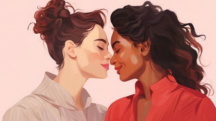 "Illustration of a Lesbian Couple Looking at Each Other with Love and a Smile, Send out Affectionate Joy and Tender Intimacy