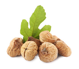 Tasty dried figs and green leaf isolated on white