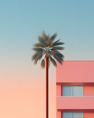 palm tree in front of a building.Minimal summer holiday concept