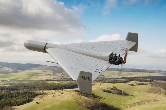 Military drone Shahed-136 (Geran-2) flying in the air. UAV combat mission - 3d rendering
