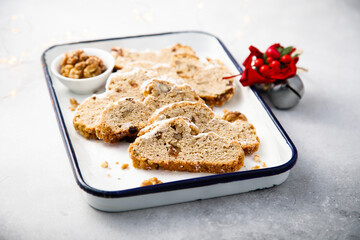 Traditional homemade Christmas stollen with nuts