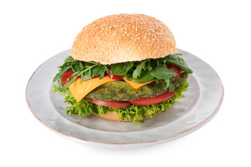 Tasty vegetarian burger with spinach cutlet, cheese and vegetables isolated on white