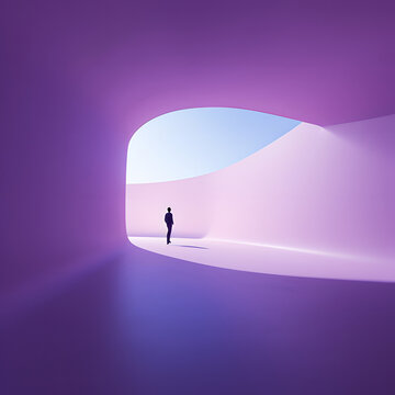 Fototapeta Empty purple space with a man walking .Minimal summer concept,composition of mesmerizing optical illusions