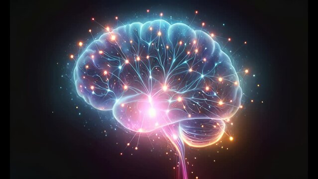 Animated graphics video digital illustrations of the human brain with a network of neurons. Highlighted by glowing lines and dots. Video motion graphics.