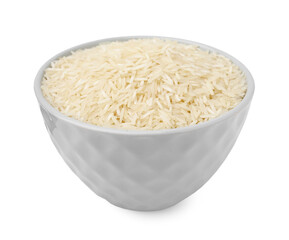 Raw rice in bowl isolated on white