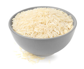 Raw rice in bowl isolated on white