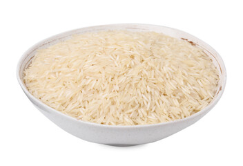 Raw rice in bowl isolated on white