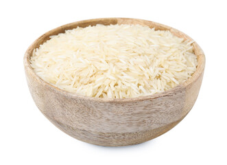 Raw rice in bowl isolated on white