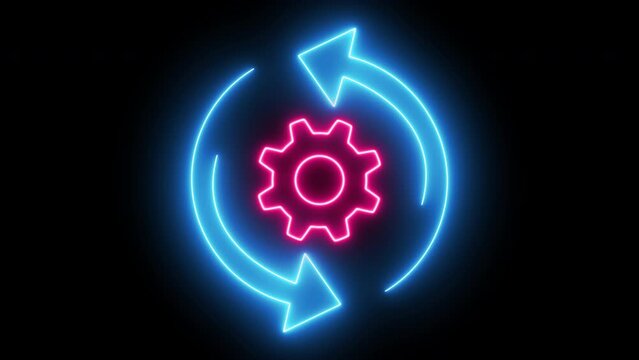 Neon arrow is turning around neon gear factor. The concept is dynamic, running, working for business, team work or etc. Able use graphic isolated on transparent background.