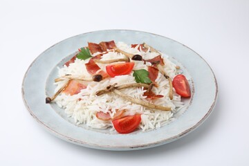 Delicious rice with bacon, mushrooms and tomatoes isolated on white