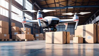 Eine Drohne in einer Lagerhalle mit Paketen - Neuer Art des Transportes - obrazy, fototapety, plakaty
