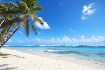 Fototapeta na wymiar A Serene Paradise: Palm Trees, Clear Blue Water, and Sandy Beaches
