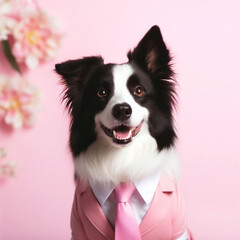 Portrait of Border Collie dog wearing a pink suit on a pink background