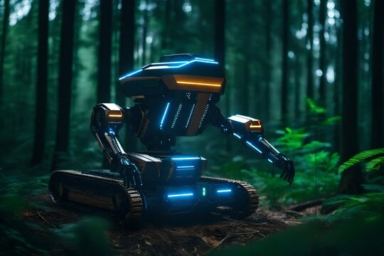 A futuristic conservation robot autonomously patrolling the forest, detecting and deterring illegal logging activities.