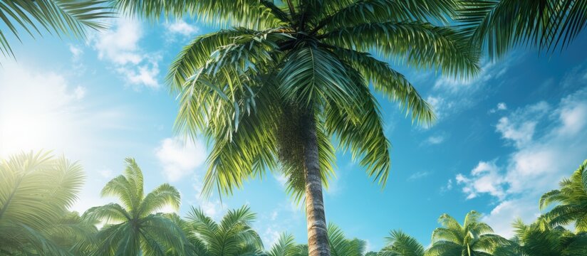 In the picturesque tropical park, amidst the lush green landscape, a majestic Chinese palm tree stood tall, its textured trunk swaying gently against the backdrop of the deep blue sky. The vibrant