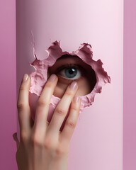 eye of the person Looking through a hole cracked wall.Minimal creative modeling concept