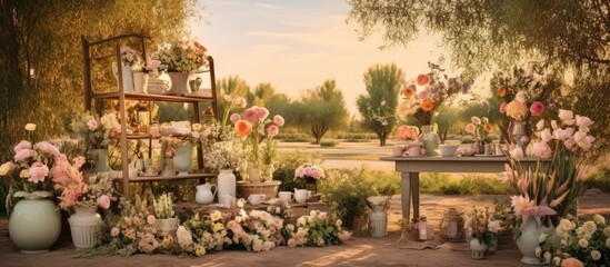 In the enchanting vintage garden, a designer carefully arranges a stunning flower display, capturing the vibrant colors of summer and spring, amidst the lush green grass and under the warm sun. The