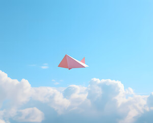 paper airplane flying in the sky.Creative playful summer concept,minimal composition