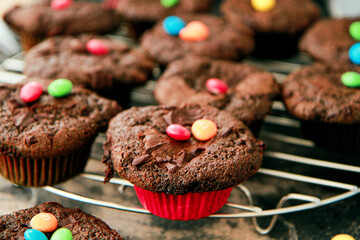 Chocolate muffins. Sweet dark cookies with chocolate and cocoa powder. Homemade, freshly baked...