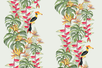 Floral seamless pattern with birds. Flower motif Tropical oriental pattern with hornbill bird jungle design with bird of paradise heliconia and leaf. Vector illustration spring summer.  © Wita Pixs