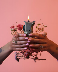 Two hands holding a lit lighter with tiny flowers around.Minimal party celebration  concept art