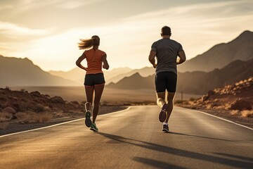 Outdoors lifestyle runners. Man and woman running from behind in desert.