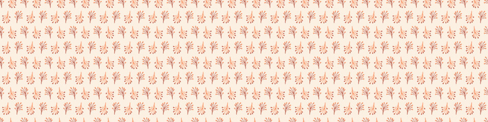 Midcentury modern floral vector endless vector border. Organic summer gender neutral 70s matisse banner.
