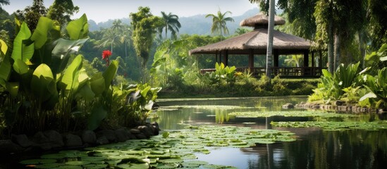 Fototapeta na wymiar The isolated spa resort was nestled against a picturesque background of lush green nature, with vibrant leaves and white flowers enhancing its beauty and tranquility, offering a wide range of
