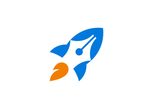 Pen with rocket ready to fly, creative negative space rocket pen logo design template vector