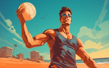 Muscular Young Man Beach Attire Volleyball Fun