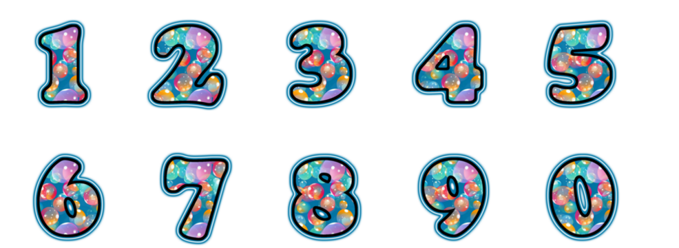set of numbers from 0 to 9 in cartoon style with colorful soap bubbles backgrouns 