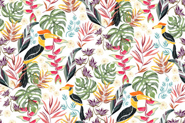 Botanical Floral seamless pattern with birds. Flower motif Tropical oriental pattern with hornbill bird jungle design with bird of paradise heliconia and leaf. Vector illustration spring summer. 