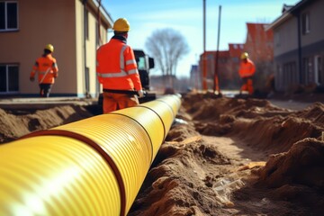Workers in uniform laying a yellow pipeline in a trench. Generative AI