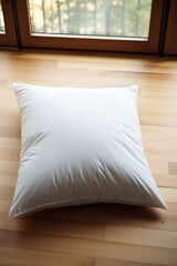 A crisp white pillow resting on a clean wooden floor  AI generated illustration