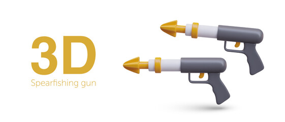 Composition with spearfishing gun with yellow arrow. Sea hunt concept. Underwater weapon in black color. Vector illustration in 3D style with place for text and white background