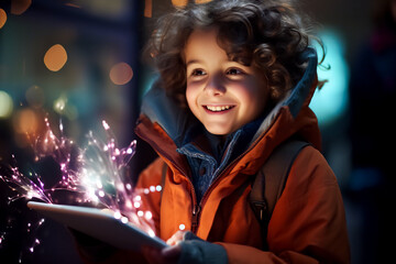 A smiling young curly-haired child, a boy, holds in his hands a sparkling tablet, a symbol of the miracle of technology. Concept of modern children and gadgets, new generation alpha, online games