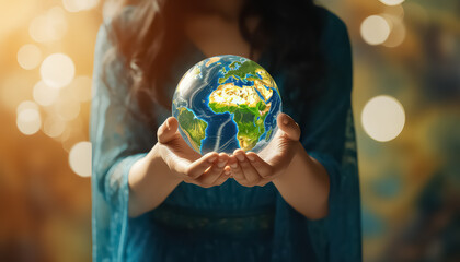 Planet in the hands of a girl , safe nature earth day concept - obrazy, fototapety, plakaty