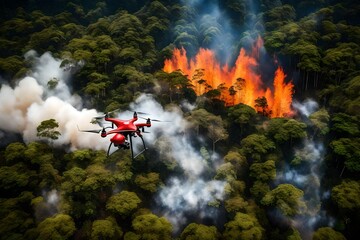A high-tech forest fire suppression system using drones equipped with firefighting capabilities to protect the tropical ecosystem.